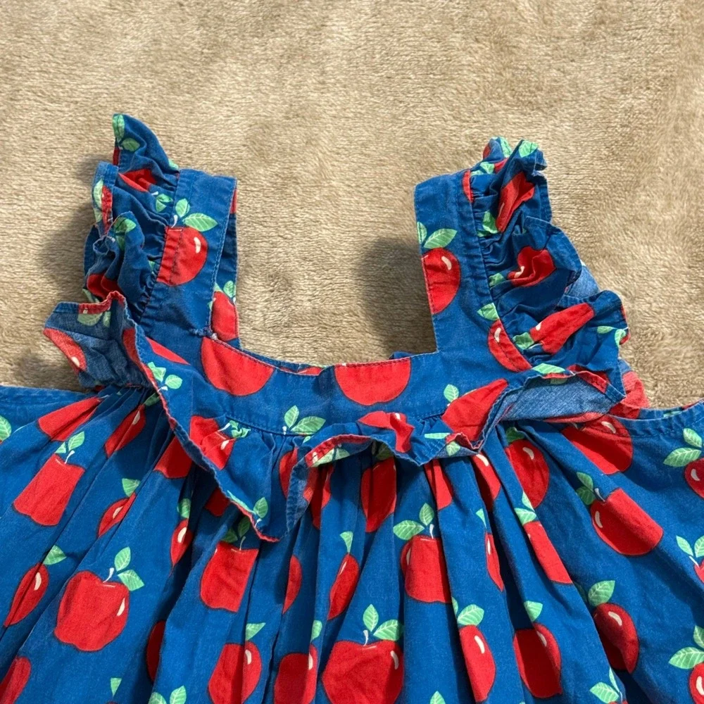 Eleanor Rose Farrah Dress Girls Size 5-6 Blue Red Apple Print Ruffle Sleeveless
